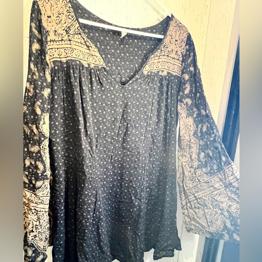 Free People Black Brown Paisley Mini Tunic Bell Sleeve Dress